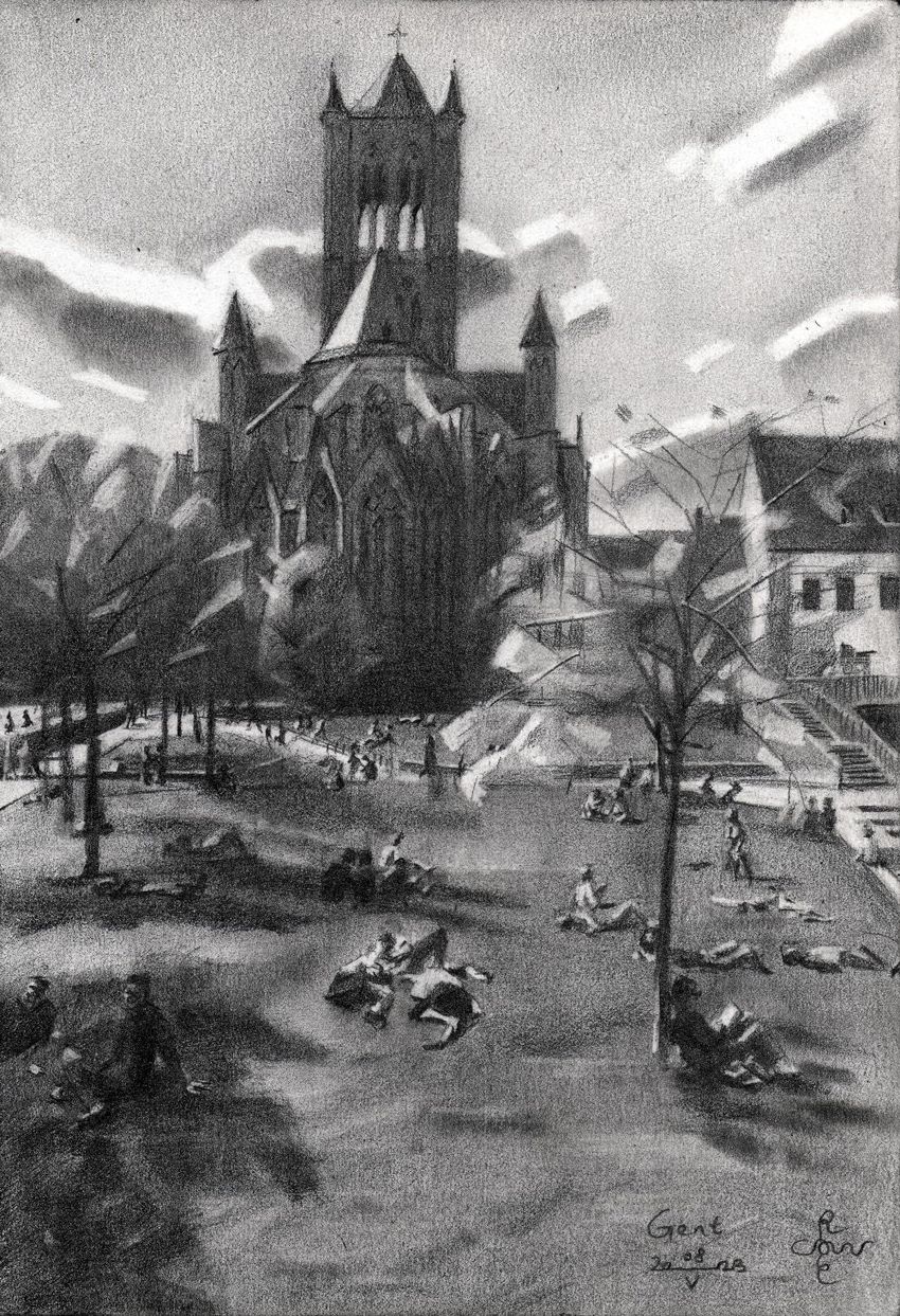 Gent – 08-05-23, Drawings / Sketch, Cubism, Architecture, Composition, Figurative, Inspirational, Landscape, People, Pencil, By Corne Akkers