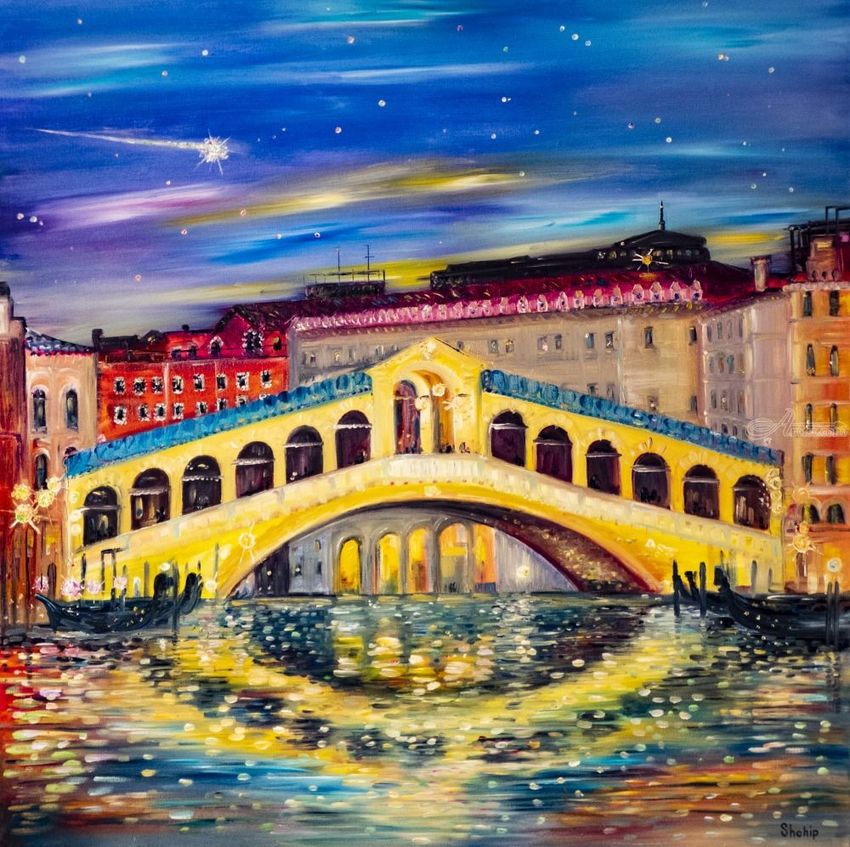 Venice, bridge, shooting star, Paintings, Impressionism, Architecture, Canvas, By Natalia Shchipakina