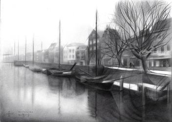 Rotterdam - Delftshaven -<br>31-03-17 (sold), Drawings / Sketch, Abstract,Cubism,Fine Art,Impressionism,Realism, Architecture,Cityscape,Composition,Historical,Landscape, Pencil, By Corne Akkers