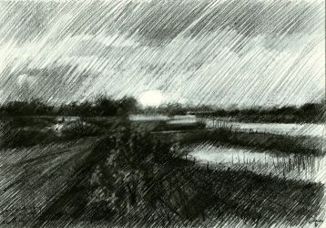 Sunset at the river 'Waal'<br>17-04-14, Drawings / Sketch, Fine Art,Impressionism,Realism,Surrealism, Composition,Figurative,Landscape,Nature, Pencil, By Corne Akkers