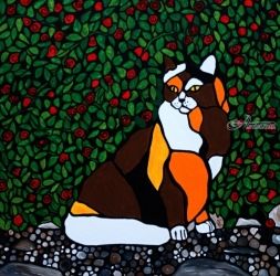 Art, cat, kitten calico, rose<br>garden 10x10 original<br>painting, framed decor, Paintings, Abstract,Expressionism,Fine Art, Animals, Acrylic,Canvas, By Rachel Olynuk