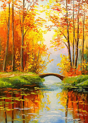 Bridge in the autumn forest, Paintings, Impressionism, Botanical,Landscape,Nature, Canvas,Oil,Painting, By Olha   Darchuk