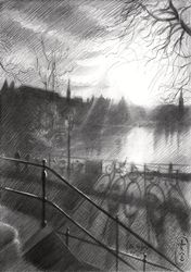 De Hofvijver – 20-03-20<br>(sold), Drawings / Sketch, Impressionism,Realism, Architecture,Cityscape,Composition,Figurative,Inspirational, Pencil, By Corne Akkers