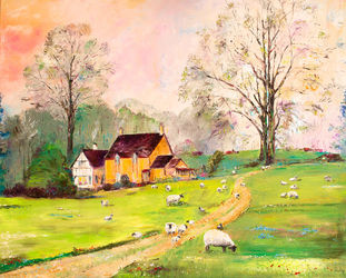 England. Morning In The<br>Village, Paintings, Impressionism, Animals, Canvas, By Natalia Shchipakina