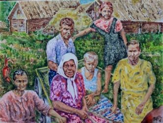 Guests aunt Nadia in the old<br>village, Paintings, Impressionism, Figurative, Acrylic,Canvas, By Victor Ovsyannikov