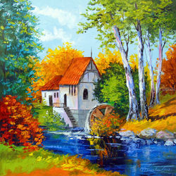 Mill by the river, Paintings, Fine Art,Impressionism, Botanical,Landscape, Canvas,Oil,Painting, By Olha   Darchuk