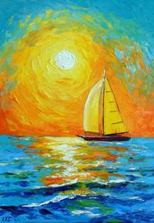 Morning sailboat, Paintings, Fine Art,Impressionism, Fantasy,Landscape,Seascape, Canvas,Oil,Painting, By Olha   Darchuk