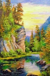 Mountain stream, Paintings, Impressionism, Botanical,Landscape,Nature, Canvas,Oil,Painting, By Olha   Darchuk