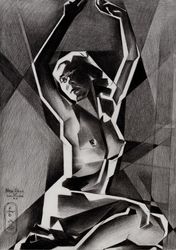 Neo Deco – 25-12-22, Drawings / Sketch, Cubism,Fine Art, Anatomy,Composition,Figurative,Inspirational,Nudes,People, Pencil, By Corne Akkers