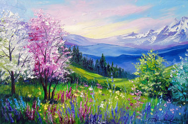 Spring at the Alps, Paintings, Expressionism,Fine Art,Impressionism, Botanical,Floral,Landscape,Nature, Canvas,Oil,Painting, By Olha   Darchuk