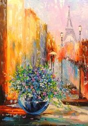 Spring in Paris, Architecture,Paintings, Fine Art,Impressionism,Romanticism, Architecture,Botanical,Cityscape,Floral, Canvas,Oil,Painting, By Olha   Darchuk