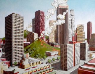 Volcano in Los Angeles, Architecture,Paintings, Fine Art,Surrealism, Architecture, Oil, By federico cortese