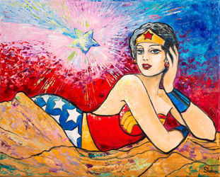 Wonder Woman Lying Under Star, Paintings, Impressionism, People, Canvas, By Natalia Shchipakina