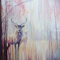 Woodland Souls - large winter<br>landscape painting with deer, Paintings, Expressionism, Animals, Oil, By Gill Bustamante